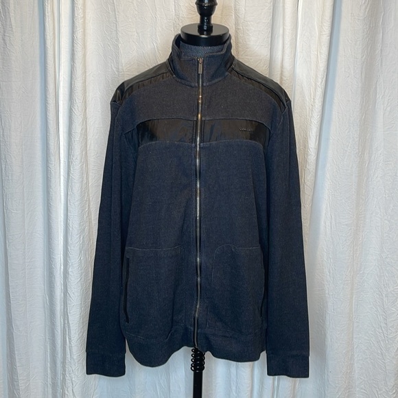 Mens Calvin Klein Lightweight Jacket Large Dark Gray Black Faux Leather - Picture 1 of 6